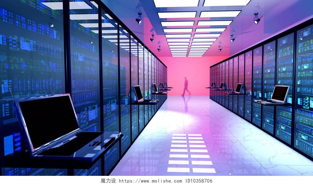 3d渲染的互联网通信技术在数据中心的服务器机架服务器机房中终端显示器.